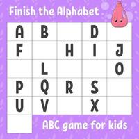 Finish the alphabet. ABC game for kids. Education developing worksheet. Learning game for kids. Color activity page. vector