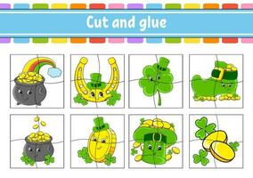 Cut and glue. Set flash cards. Education worksheet. Activity page. Game for children. cartoon character. Vector illustration.