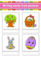 Writing words from pictures. Learn English words. Education developing worksheet. Color activity page. cartoon character. . vector