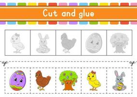 Cut and play. Paper game with glue. Flash cards. Education worksheet. Activity page. Scissors practice. Vector illustration.