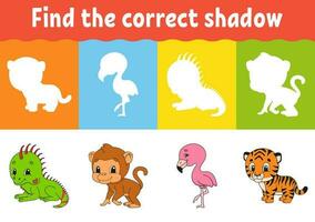 Find the correct shadow. Education worksheet. Matching game for kids. Color activity page. Puzzle for children. Animal theme. Isolated vector illustration.