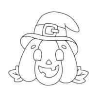 Happy pumpkin with hat. Coloring book page for kids. Halloween theme. Cartoon style character. Vector illustration isolated on white background.