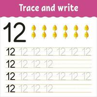 Learn Numbers. Trace and write. Handwriting practice. Learning numbers for kids. Education developing worksheet. Color activity page. Vector illustration.