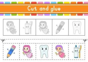 Cut and play. Paper game with glue. Flash cards. Education worksheet. Activity page. Scissors practice. Isolated vector illustration. cartoon style.