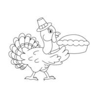 A farm turkey carries a pumpkin pie. Coloring book page for kids. Thanksgiving Day. Cartoon style. Vector illustration isolated on white background.