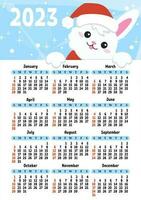 Color calendar for 2023 with a cute character rabbit. Week starts on Sunday. Fun and bright design. cartoon style. Vector illustration.