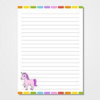 Sheet template for notebook, notepad, diary. Lined paper. Cute character. With a color image. cartoon style. Vector illustration.