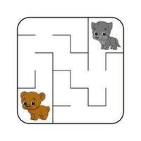 Simple square maze for toddlers. With cute cartoon characters. Isolated on white background. Vector illustration.