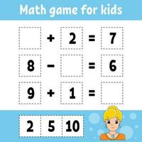 juego de matemáticas para niños. hoja de trabajo de desarrollo educativo. página de actividades con imágenes. juego para niños. Ilustración de vector aislado de color. personaje divertido. estilo de dibujos animados.