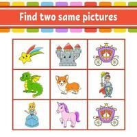 Find two same pictures. Task for kids. Education developing worksheet. Activity page. Color game for children. Funny character. Cartoon style. Vector illustration.