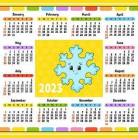 Calendar for 2023 with a cute character. Fun and bright design. Cartoon style. Vector illustration.