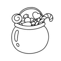 A pot of sweets. Coloring book page for kids. Halloween theme. Cartoon style character. vector