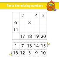 Paste the missing numbers 1-20. Game for children. Handwriting practice. Learning numbers for kids. Education developing worksheet. Activity page. Isolated vector illustration in cute cartoon style.