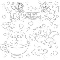 Beautiful loving cats. Coloring book page for kids. Valentine's Day. Cartoon style character. Vector illustration isolated on white background.