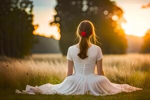 joven mujer niña sentado en campo de césped y blanco Clásico vestir a puesta de sol ai generativo ilustración foto