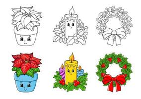 Set coloring page for kids. Cute cartoon characters. Black stroke. With sample. Bright stickers. Vector illustration.