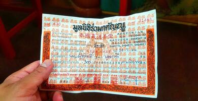 Bangkok, Thailand-May 10, 2023 Holding receipt of funeral donation after paying merit to a corpse without relatives with copy space at China temple or wat hua lampong temple or Ruamkatanyu Foundation. photo