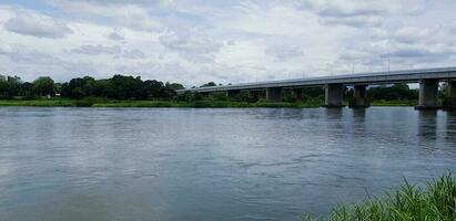 hermosa río ver y árbol con un hormigón puente a través de el río o lago. construcción, transporte y naturaleza. foto