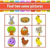 Find two same pictures. Task for kids. Education developing worksheet. Activity page. Color game for children. Easter theme. Funny character. Isolated vector illustration. cartoon style.