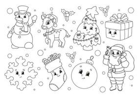 Coloring book for kids. Winter clipart. Cheerful characters. Vector illustration. Cute cartoon style. Black contour silhouette. Isolated on white background.