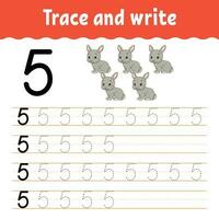 Learn Numbers. Trace and write. Handwriting practice. Learning numbers for kids. Education developing worksheet. Color activity page. Vector illustration.