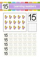 Trace and write numbers. Handwriting practice. Learning numbers for kids. Education developing worksheet. Activity page. Vector illustration.