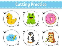 Cutting practice for kids. Education developing worksheet. Activity page. Vector illustration.