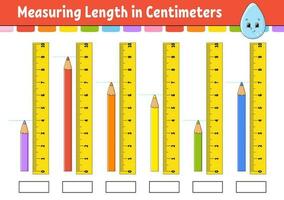 Measuring length in centimeter with ruler. Education developing worksheet. Game for kids. Color activity page. Puzzle for children. Cute character. Vector illustration. cartoon style.