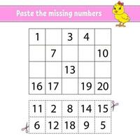 Paste the missing numbers 1-20. Game for children. Handwriting practice. Learning numbers for kids. Education developing worksheet. Activity page. Isolated vector illustration in cute cartoon style.