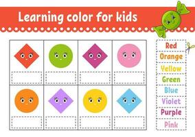 Learning color for kids. Education developing worksheet. Activity page with color pictures. Riddle for children. Funny character. cartoon style. Vector illustration.