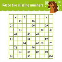 Paste the missing numbers from 1 to 100. Handwriting practice. Learning numbers for kids. Education developing worksheet. Activity page. Isolated vector illustration in cute coon style.