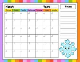 Blank calendar template for one month without dates. Colorful design with a cute character. Vector illustration.