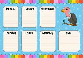 School schedule. Timetable for schoolboys. Empty template. Weekly planer with notes. Isolated color vector illustration. cartoon character.