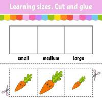 Learning sizes. Cut and glue. Easy level. Color activity worksheet. Game for children. Cartoon character. Vector illustration.