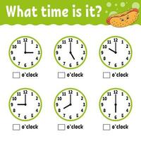 Learning time on the clock. Educational activity worksheet for kids and toddlers. Game for children. Simple flat isolated color vector illustration in cute cartoon style.
