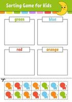 Sorting game. Shapes and colors. Cut and glue. Education developing worksheet. Game for kids. Color activity page. Puzzle for children. Cute character. Vector illustration. cartoon style.