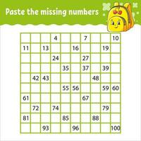 Paste the missing numbers from 1 to 100. Handwriting practice. Learning numbers for kids. Education developing worksheet. Activity page. Vector illustration.