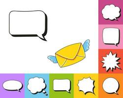 Speech bubble of different shape. With a cute cartoon character. Hand drawn. Thinking balloons. Isolated on white background. Vector illustration.