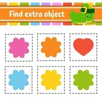 Find extra object. Educational activity worksheet for kids and toddlers. Game for children. St. Patrick's day. Cute characters. Vector illustration.