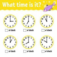 tiempo de aprendizaje en el reloj. hoja de trabajo de actividad educativa para niños y niños pequeños. juego para niños. ilustración de vector de color plano aislado simple en estilo de dibujos animados lindo. ilustración vectorial