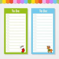 To do list for kids. Empty template. The rectangular shape. Funny character. cartoon style. For the diary, notebook, bookmark. Vector illustration.