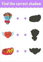 Find the correct shadow. Education developing worksheet. Matching game for kids. Color activity page. Puzzle for children. Cute character. Vector illustration. cartoon style.