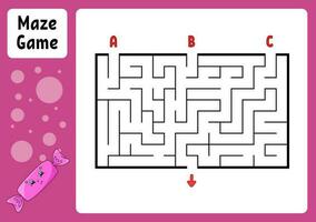 Rectangle maze. Game for kids. Three entrances, one exit. Education worksheet. Puzzle for children. Labyrinth conundrum. Find the right path. cartoon character. Vector illustration.