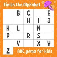 Finish the alphabet. ABC game for kids. Education developing worksheet. Learning game for kids. Color activity page. Vector illustration.