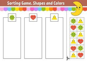 Sorting game. Shapes and colors. Cut and glue. Education developing worksheet. Game for kids. Color activity page. Puzzle for children. Cute character. Vector illustration. cartoon style.