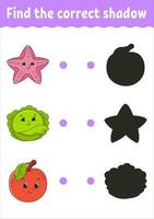 Find the correct shadow. Education developing worksheet. Matching game for kids. Color activity page. Puzzle for children. Cute character. Vector illustration.