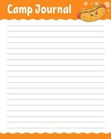 Lined sheet template for camp journal. Handwriting paper. For diary, planner, checklist, wish list. With cute character. Vector illustration.