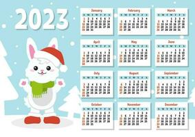 Color calendar for 2023 with a cute character rabbit. Week starts on Sunday. Fun and bright design. cartoon style. Vector illustration.