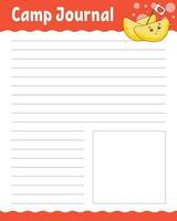 Lined sheet template for camp journal. Handwriting paper. For diary, planner, checklist, wish list. With cute character. . vector