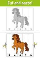 Learning numbers 1-5. Cute horse. Farm animal. Cut and glue. Coon character. Education developing worksheet. Game for kids. Activity page. Color isolated vector illustration.